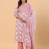 Pink Pure Cotton Floral Print Zari Work Straight Kurta Pant Dupatta Set