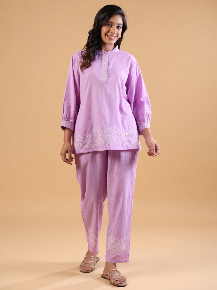Purple Cotton Embroidered Co-Ord Set