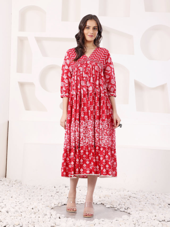 Red Cotton Lurex A Line Detailed Dress