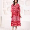 Red Cotton Lurex A Line Detailed Dress