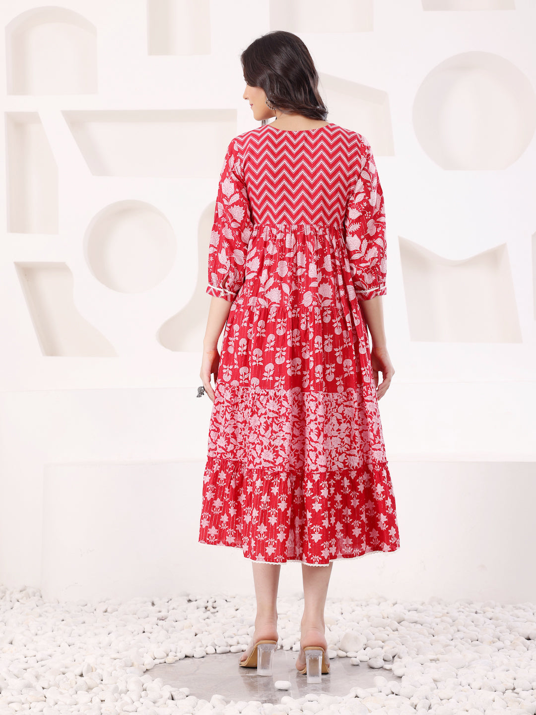 Red Cotton Lurex A Line Detailed Dress