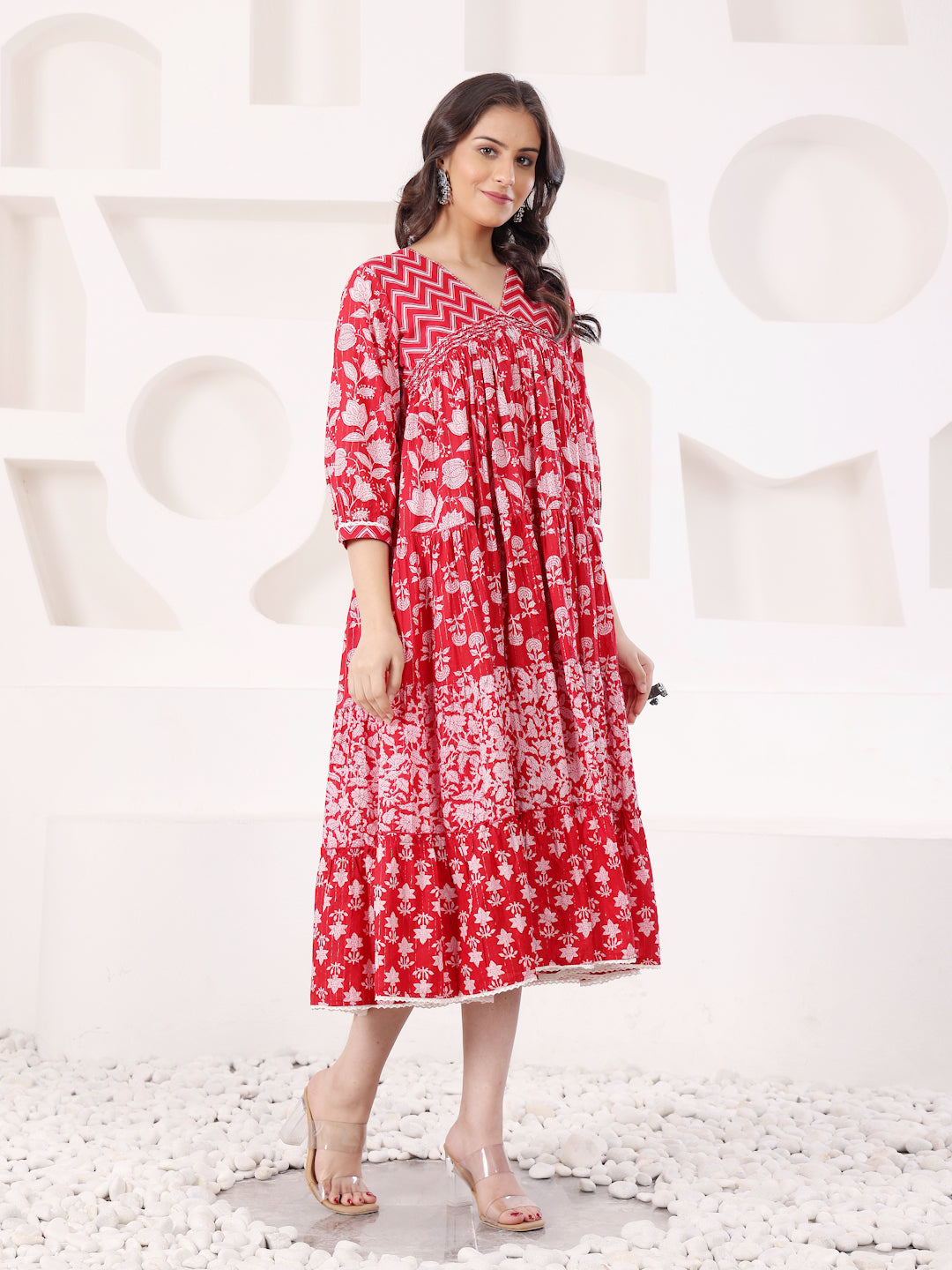 Red Cotton Lurex A Line Detailed Dress