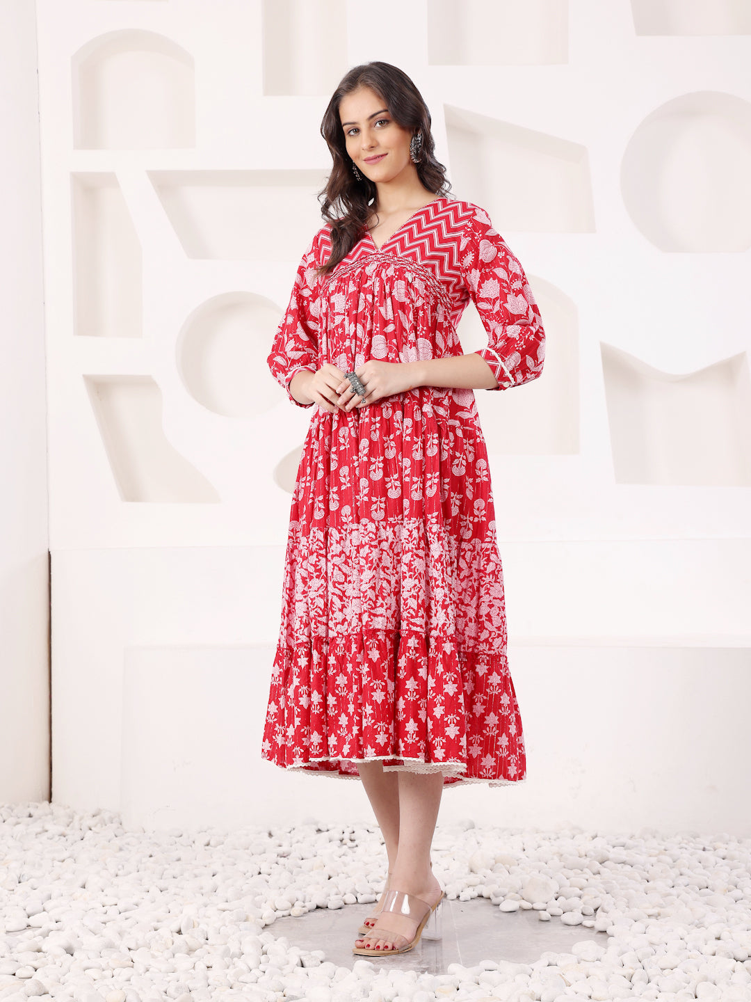 Red Cotton Lurex A Line Detailed Dress