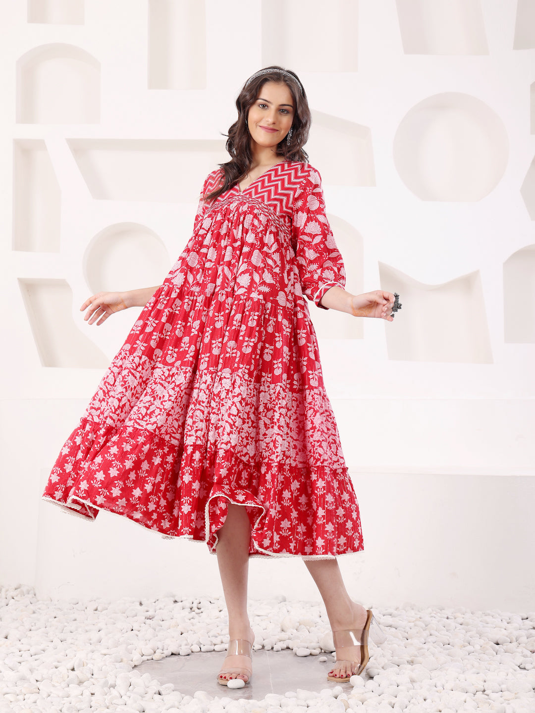 Red Cotton Lurex A Line Detailed Dress