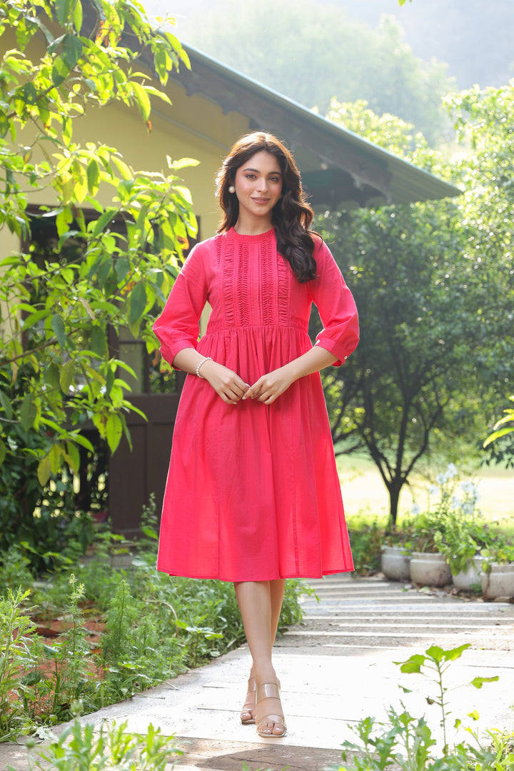 Red Cotton Solid Detailed Dress