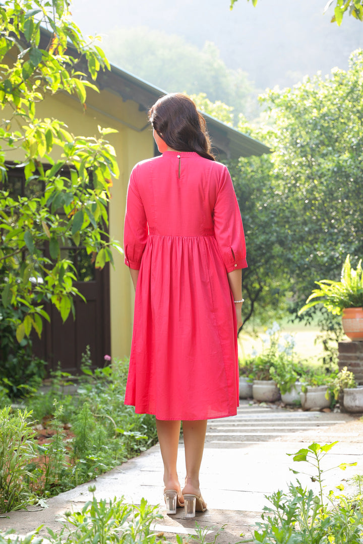 Red Cotton Solid Detailed Dress