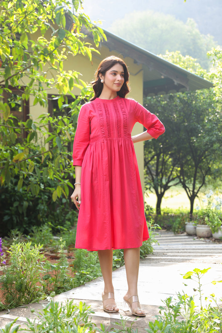 Red Cotton Solid Detailed Dress