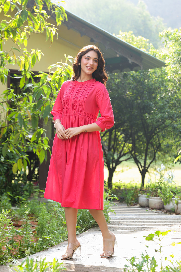 Red Cotton Solid Detailed Dress