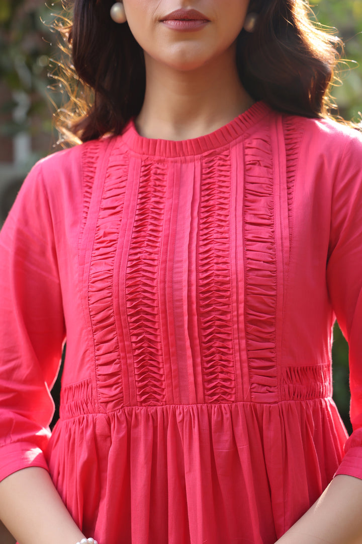 Red Cotton Solid Detailed Dress