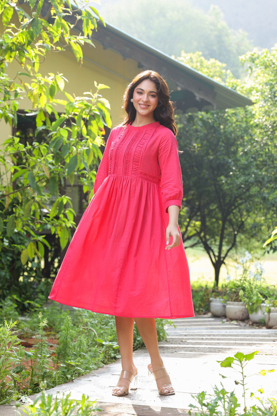 Red Cotton Solid Detailed Dress