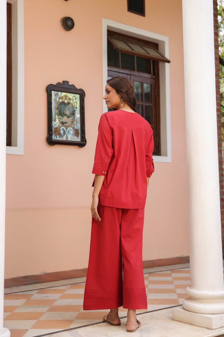 Red Cotton Detailed Co-Ord Set