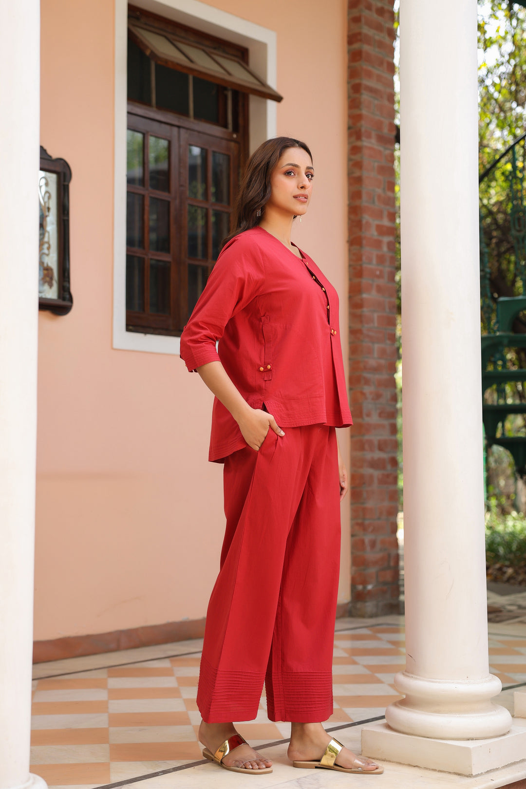 Red Cotton Detailed Co-Ord Set