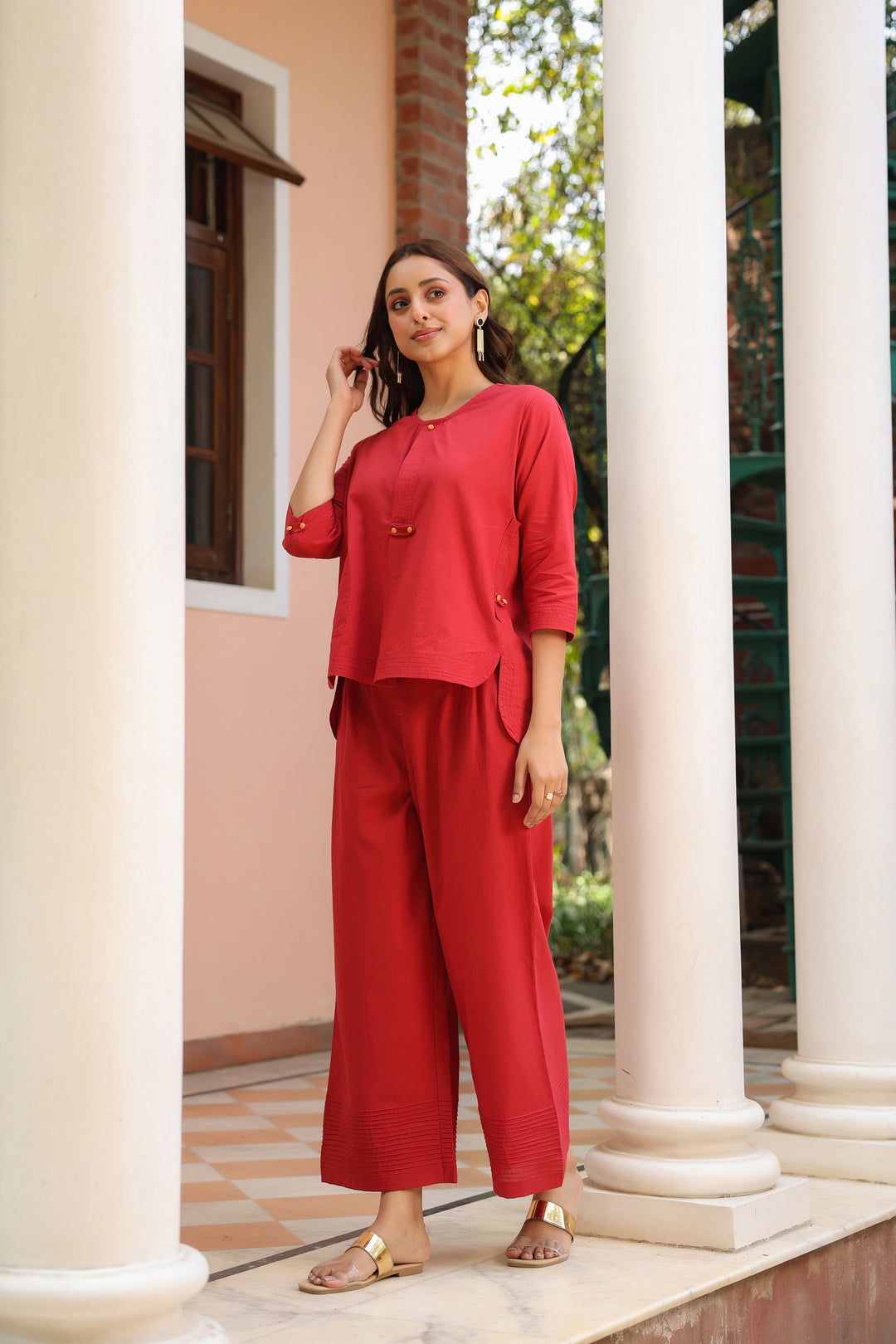 Red Cotton Detailed Co-Ord Set