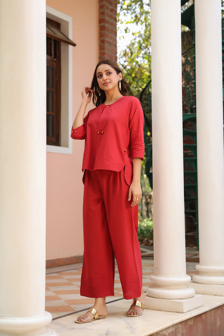 Red Cotton Detailed Co-Ord Set