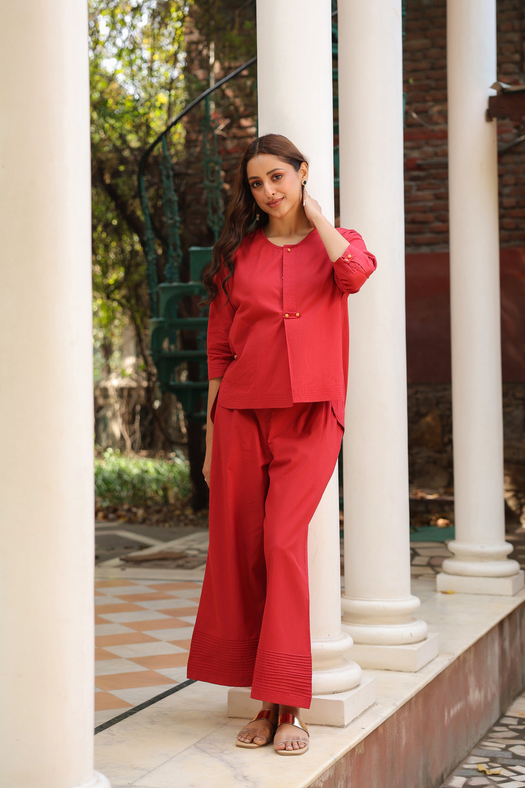 Red Cotton Detailed Co-Ord Set