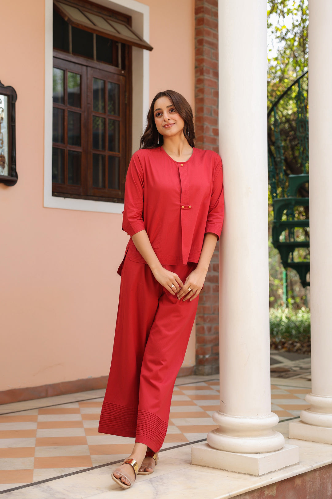 Red Cotton Detailed Co-Ord Set