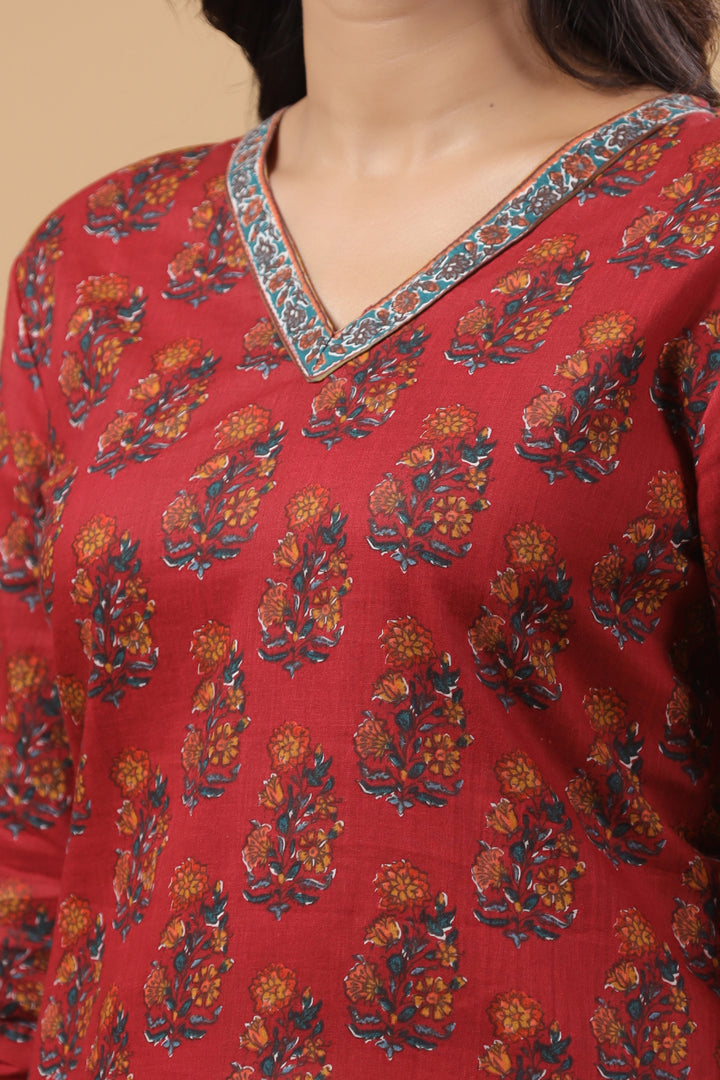 Red Cotton Floral Printed Top