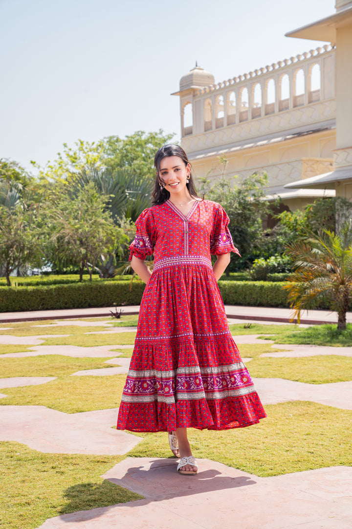 Red Cotton Printed Flared Designer Dress