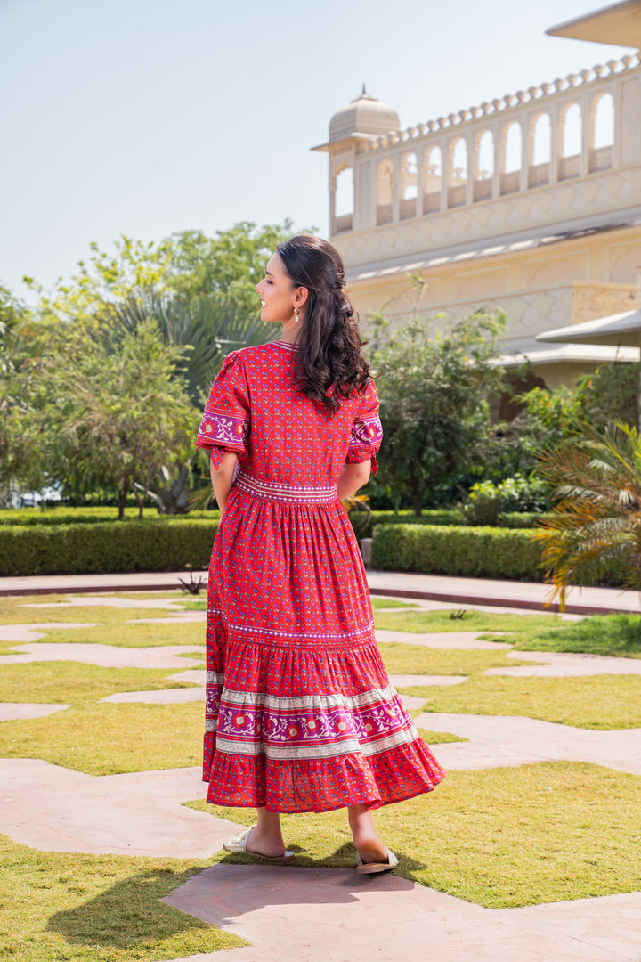 Red Cotton Printed Flared Designer Dress