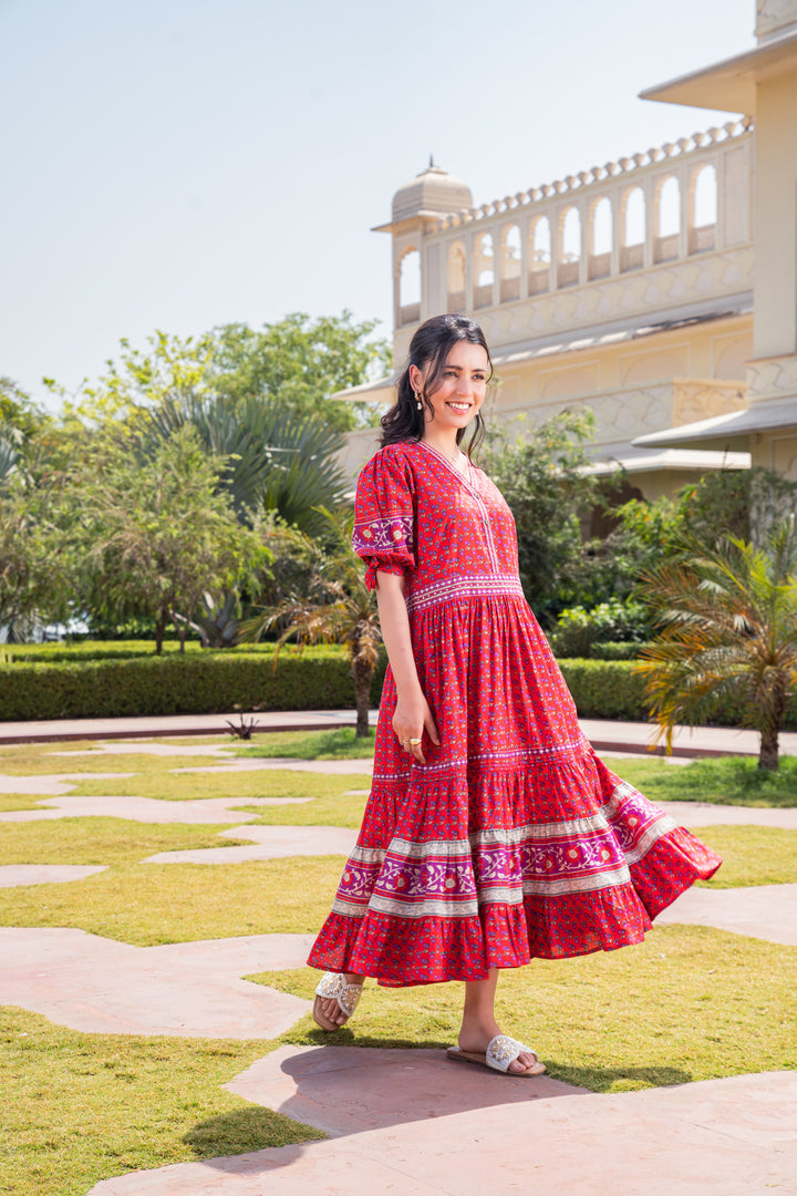 Red Cotton Printed Flared Designer Dress