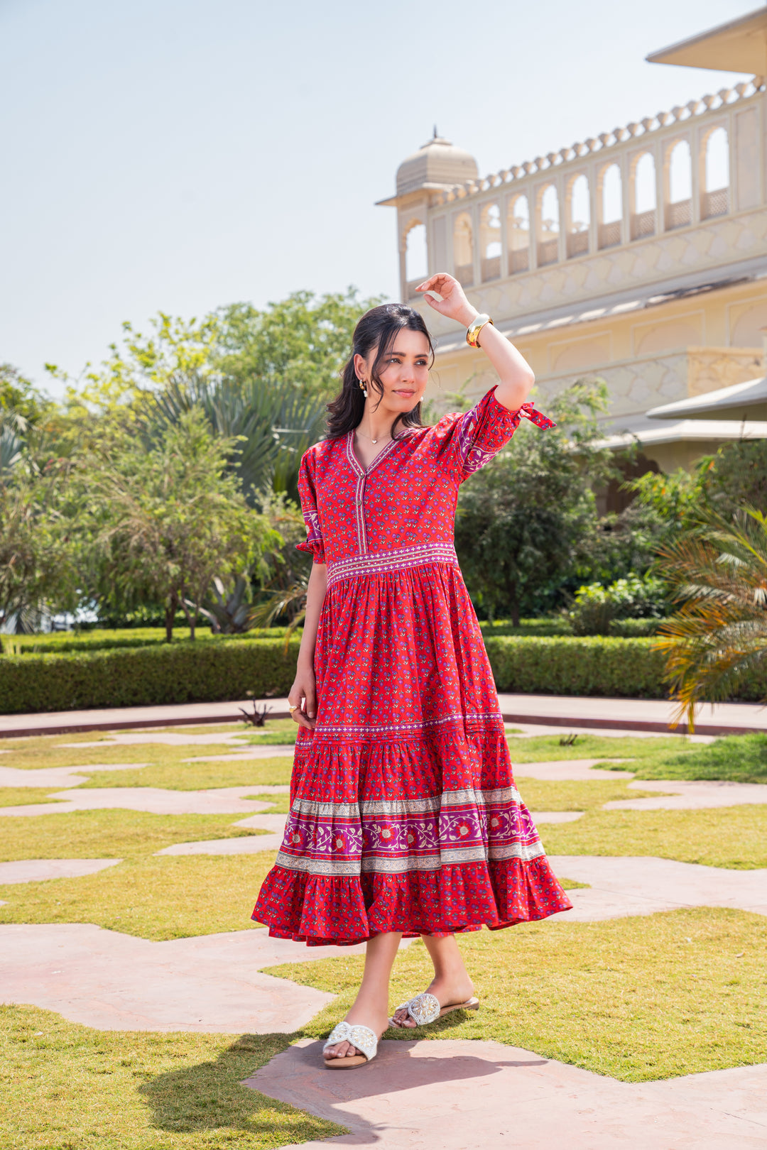 Red Cotton Printed Flared Designer Dress