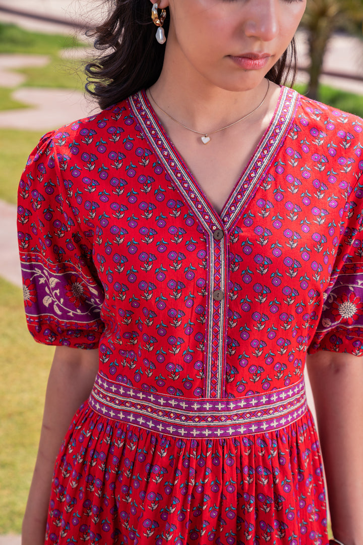 Red Cotton Printed Flared Designer Dress
