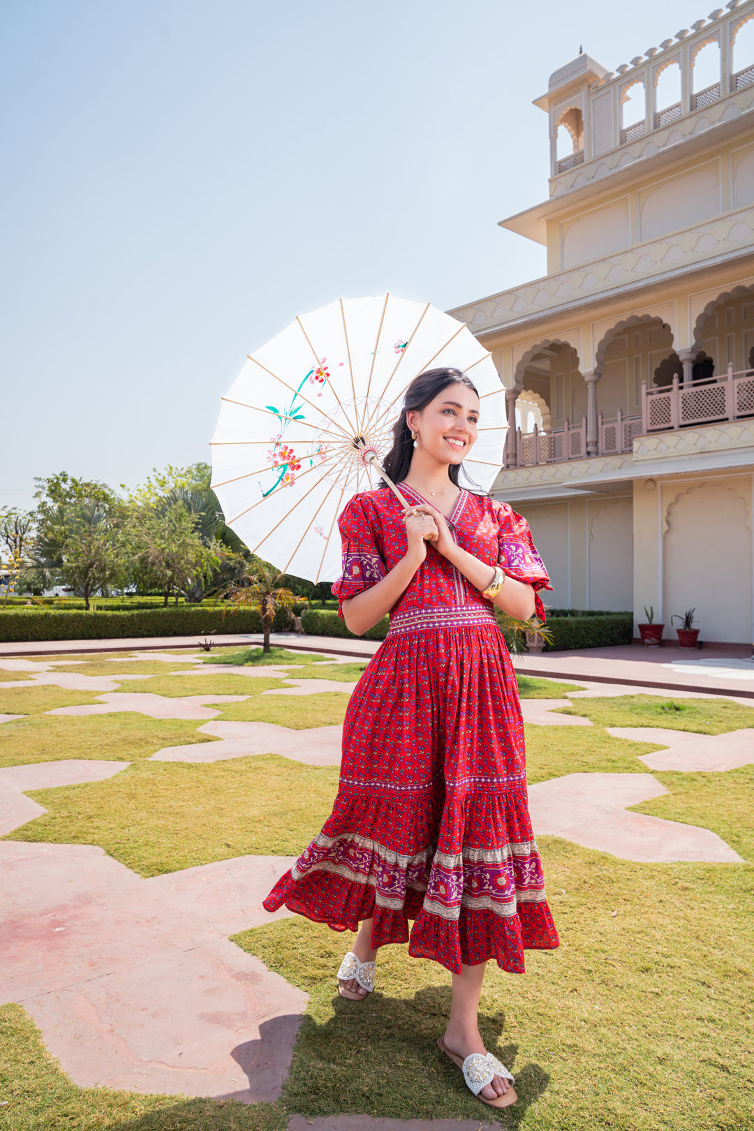 Red Cotton Printed Flared Designer Dress
