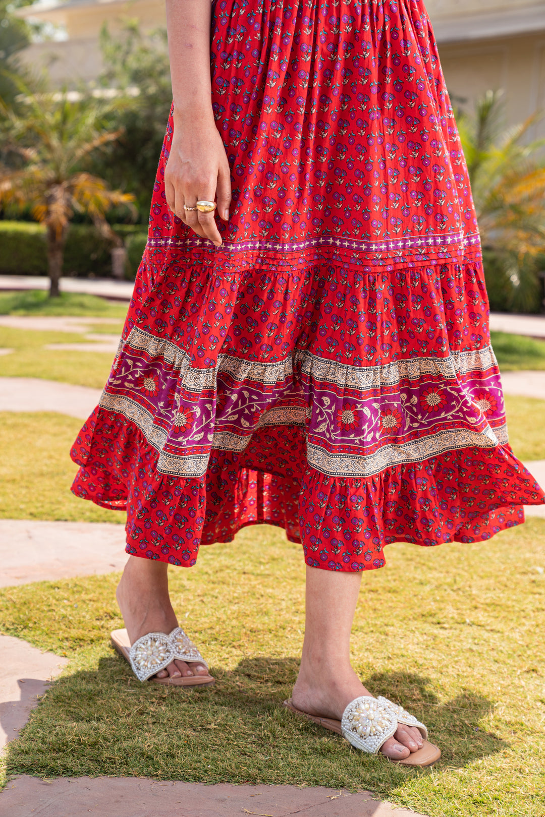 Red Cotton Printed Flared Designer Dress