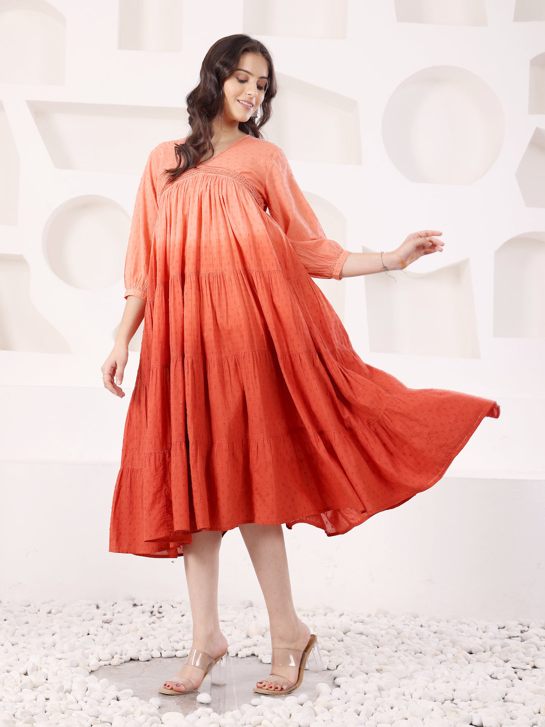 Rust Cotton Dobby Ombre Dress