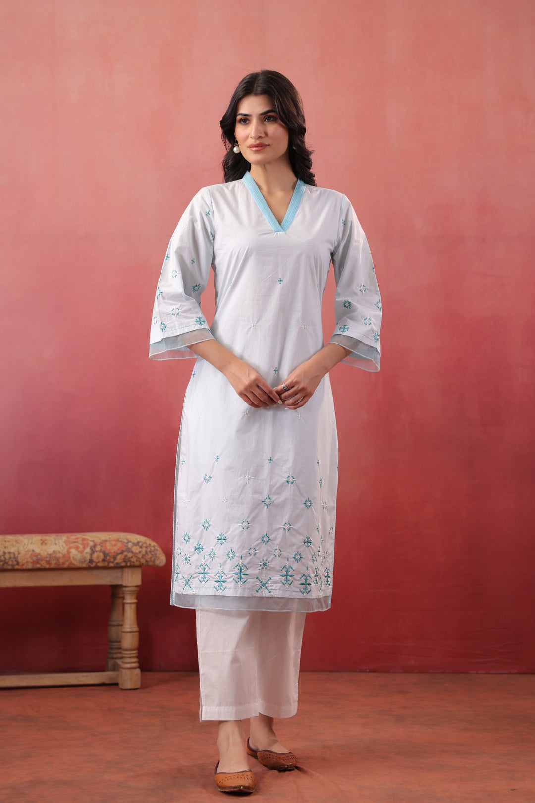 Sky Blue Cotton Embroidered Designer Straight Kurta