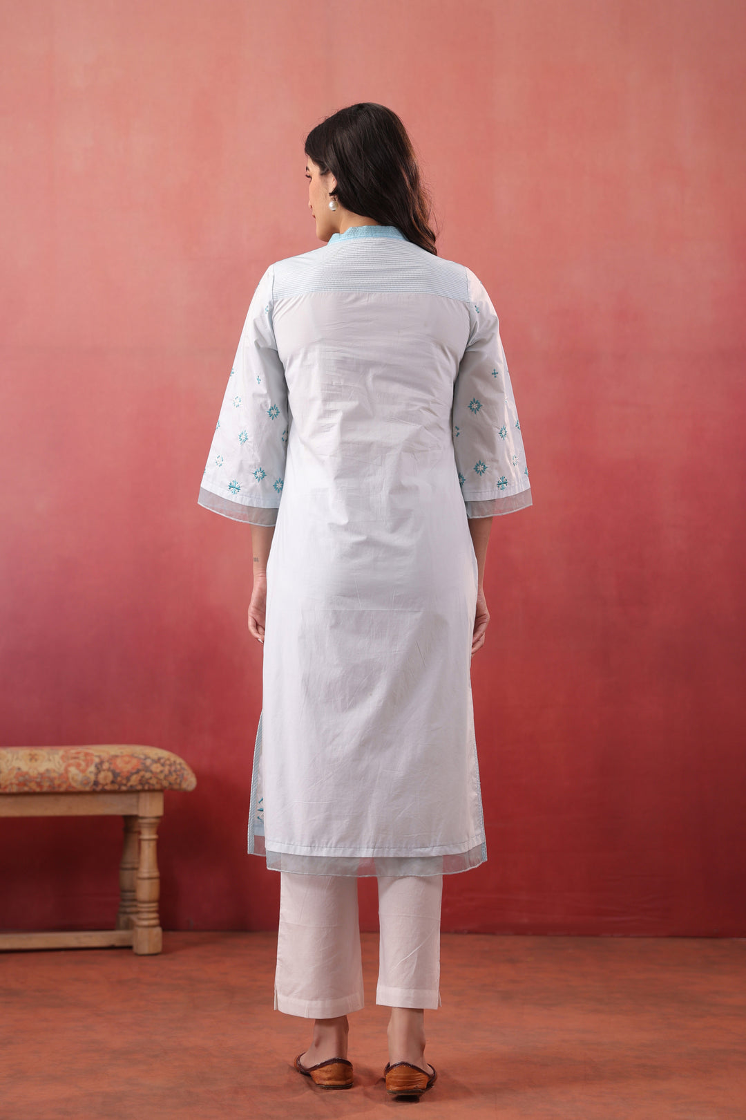 Sky Blue Cotton Embroidered Designer Straight Kurta