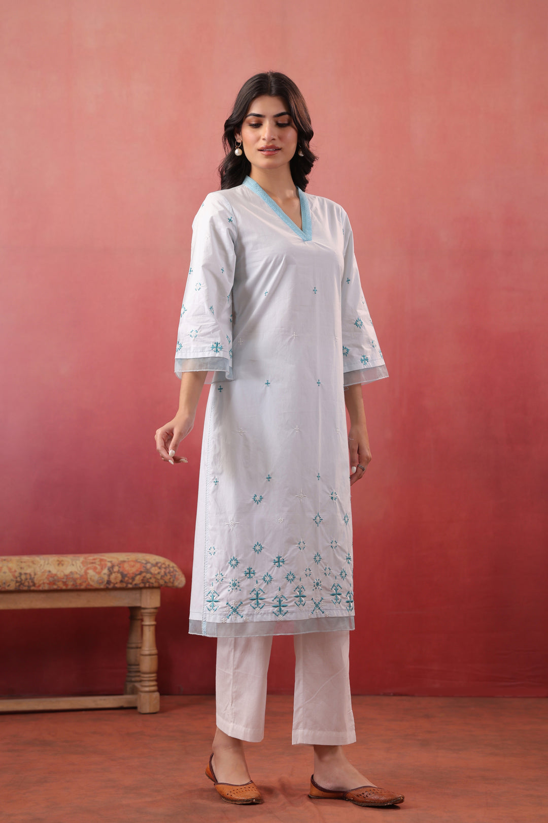 Sky Blue Cotton Embroidered Designer Straight Kurta