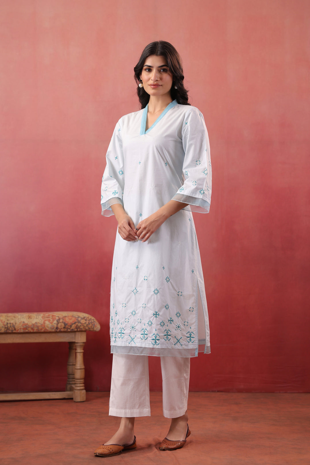 Sky Blue Cotton Embroidered Designer Straight Kurta
