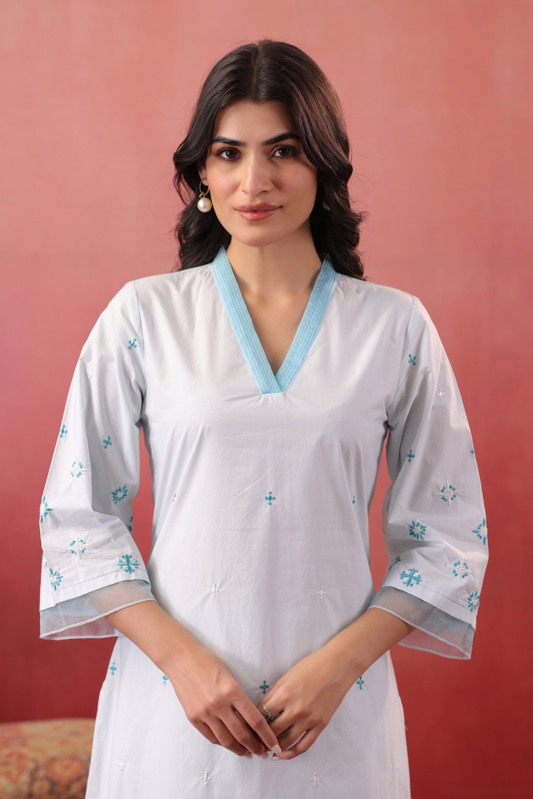 Sky Blue Cotton Embroidered Designer Straight Kurta