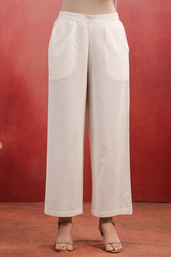 White cotton Solid Straight Pant