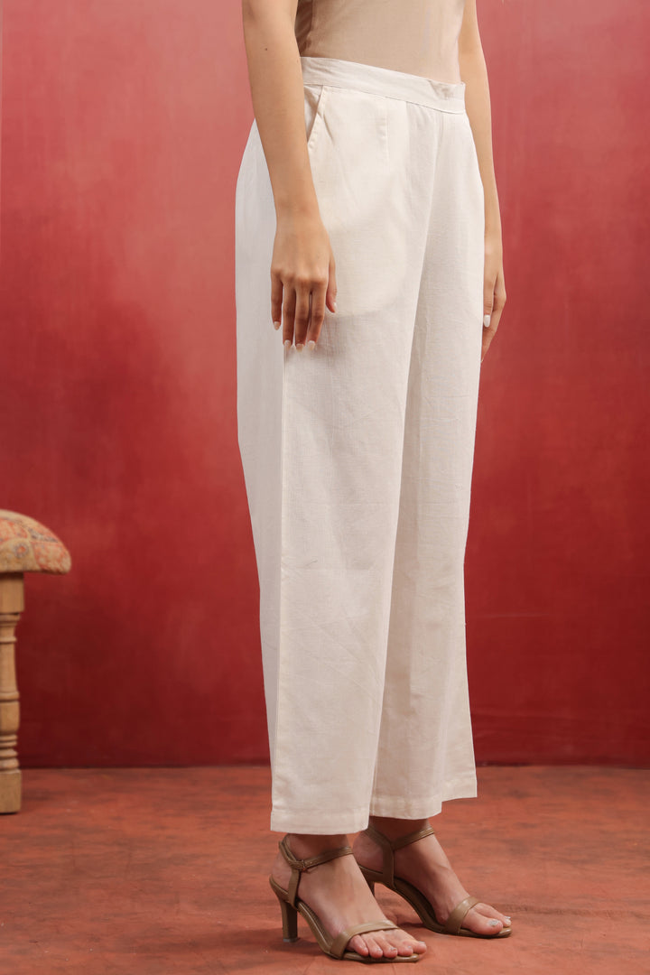 White cotton Solid Straight Pant