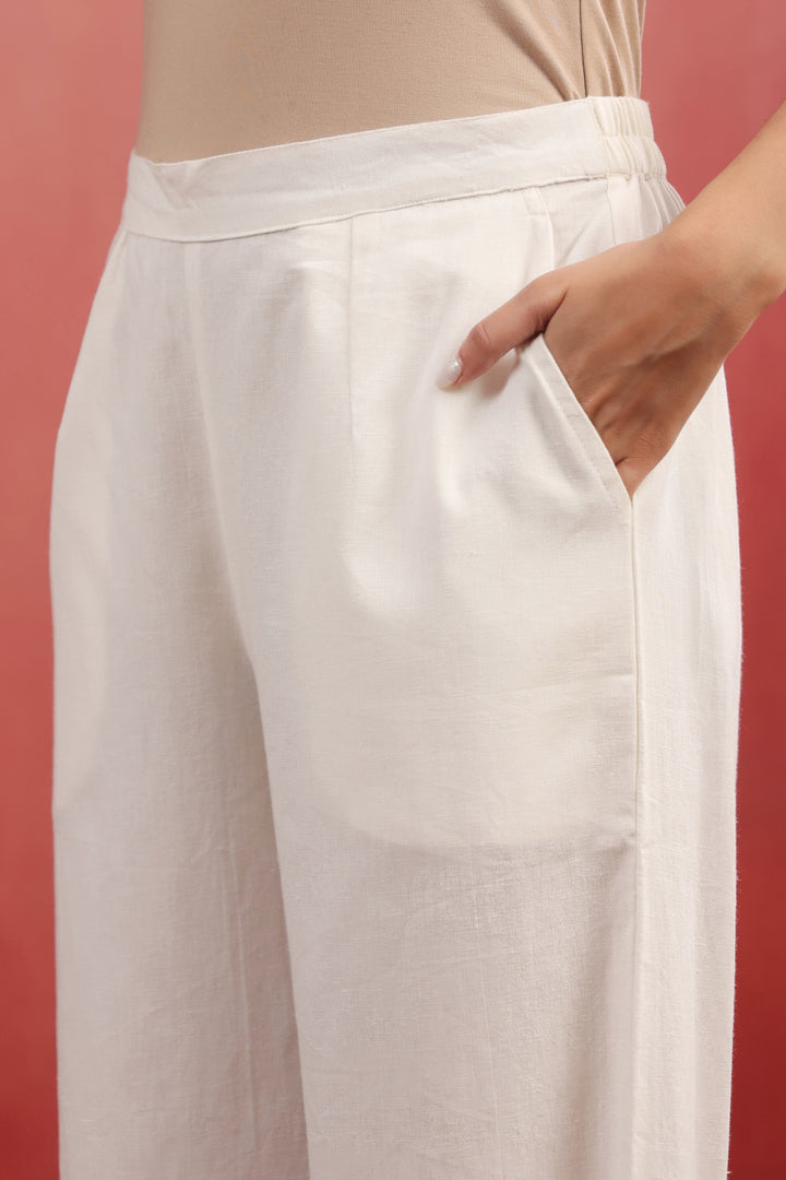 White cotton Solid Straight Pant