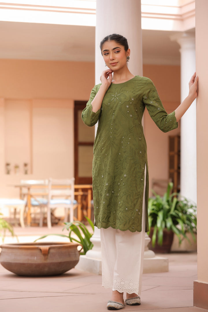 Green Pure Cotton Embroidered Print Embroidery Work Straight Designer Kurta