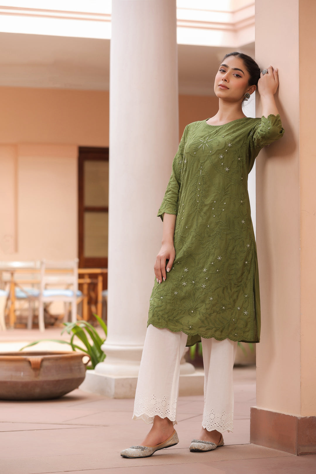 Green Pure Cotton Embroidered Print Embroidery Work Straight Designer Kurta