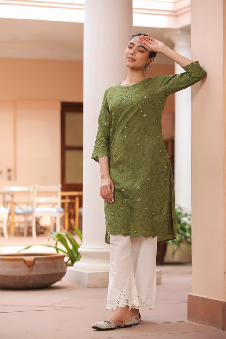 Green Pure Cotton Embroidered Print Embroidery Work Straight Designer Kurta