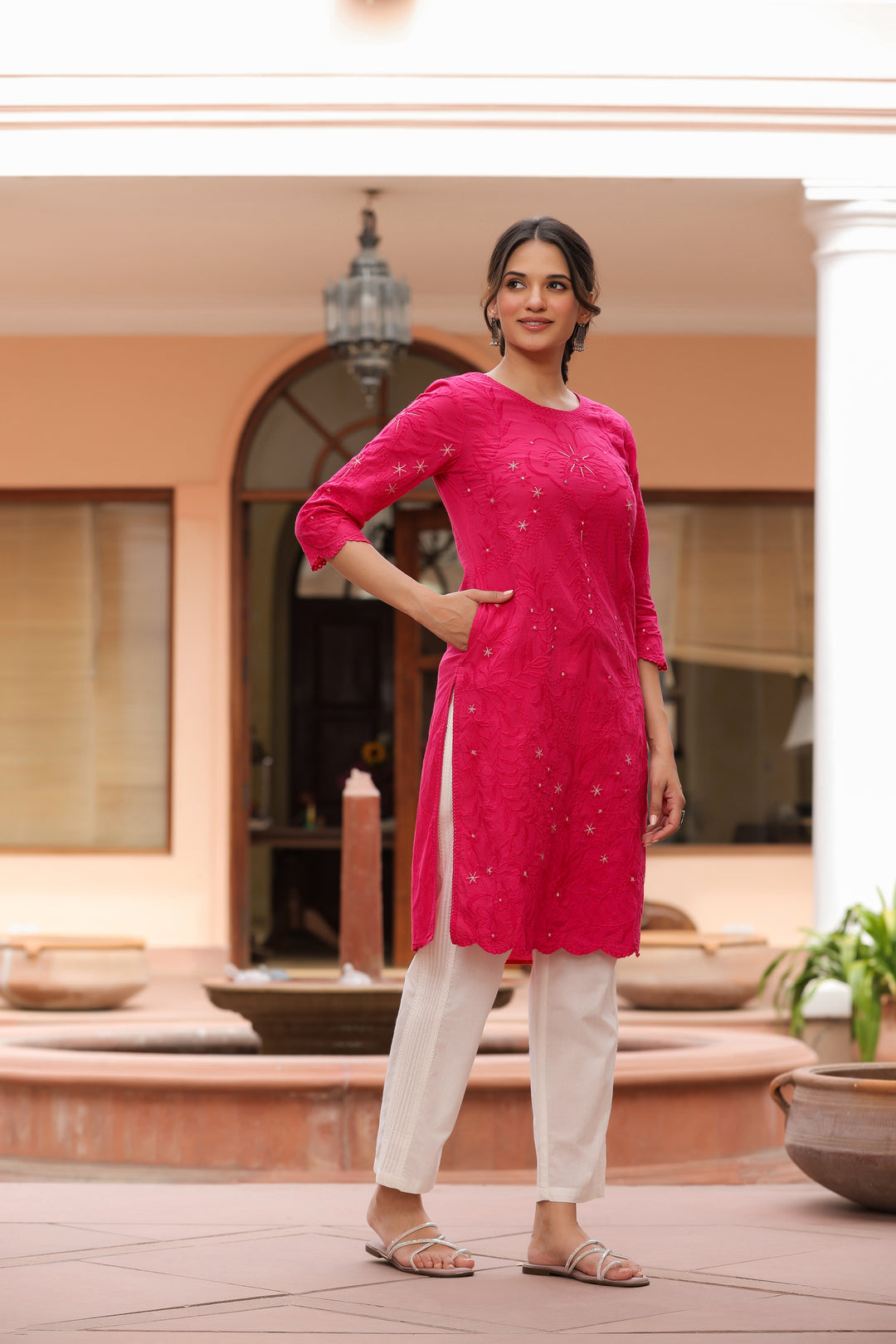 Pink Pure Cotton Embroidered Print Embroidery Work Straight Designer Kurta