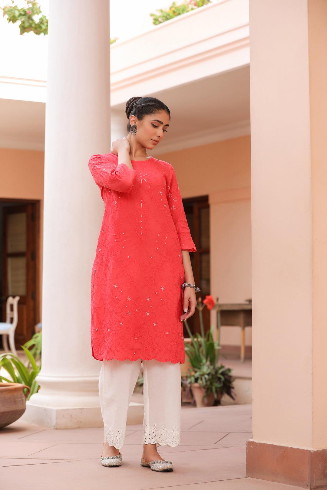 Red Pure Cotton Embroidered Print Embroidery Work Straight Designer Kurta