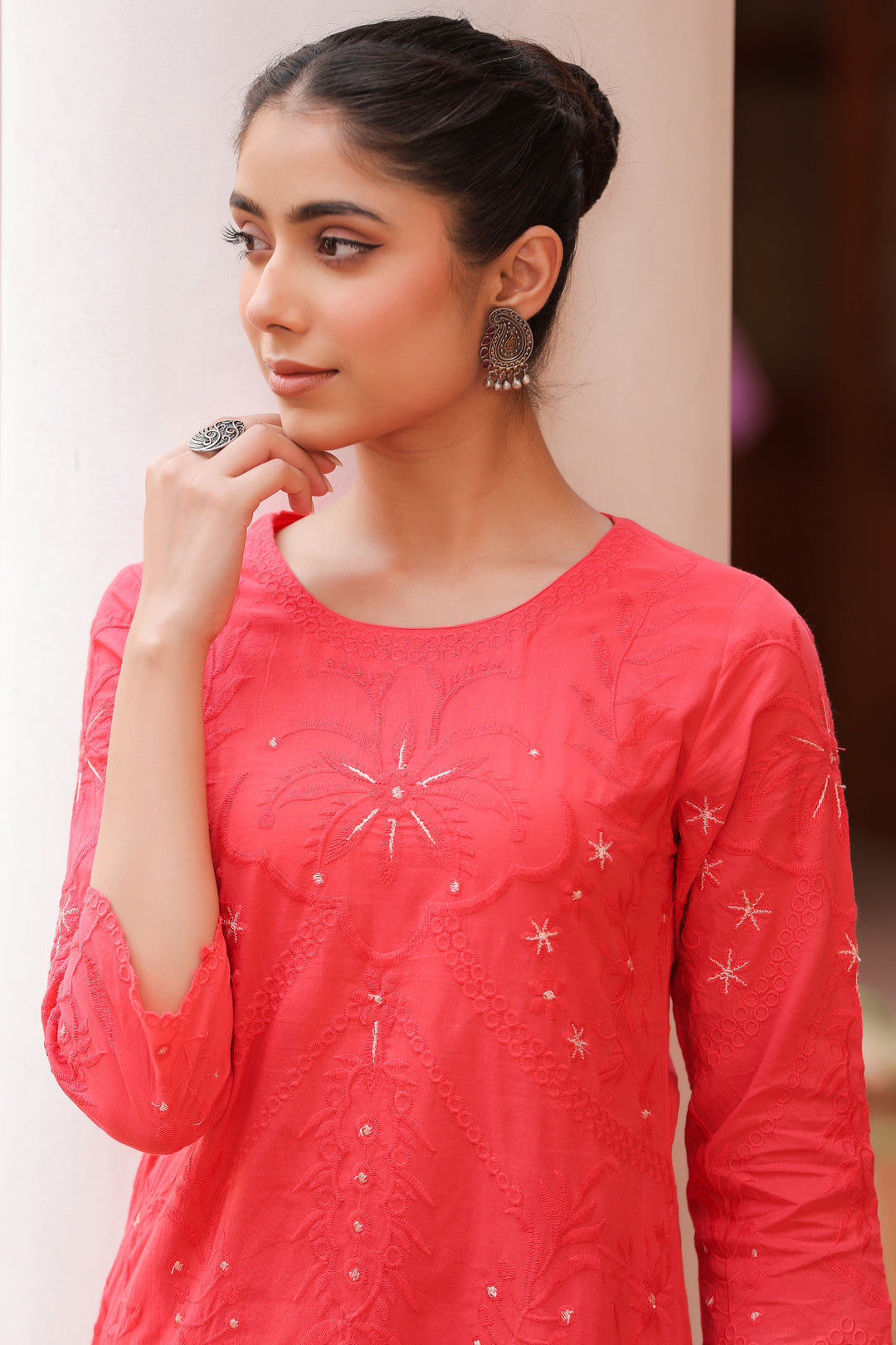 Red Pure Cotton Embroidered Print Embroidery Work Straight Designer Kurta