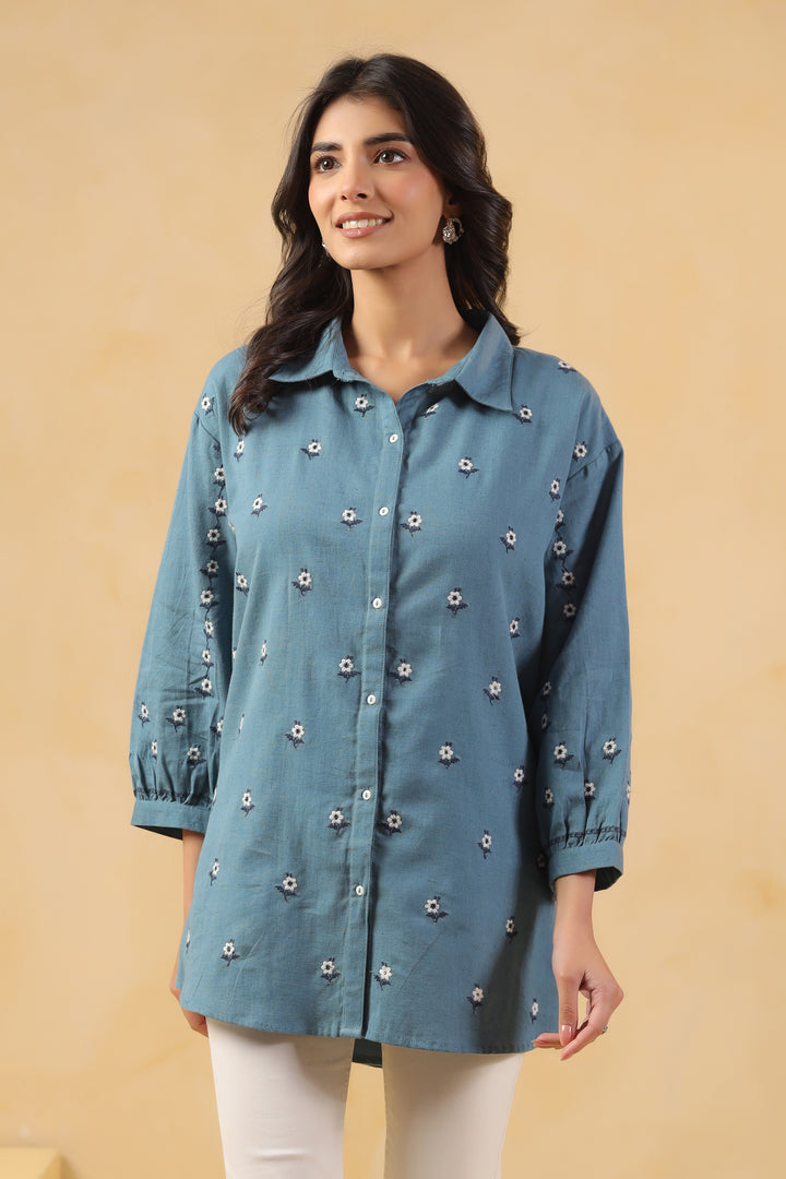 Blue Cotton Embroidered Designer Shirt Top