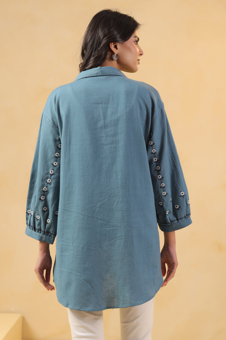 Blue Cotton Embroidered Designer Shirt Top