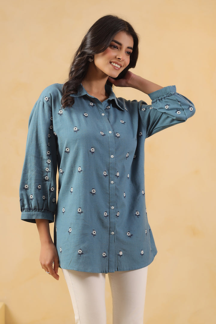 Blue Cotton Embroidered Designer Shirt Top