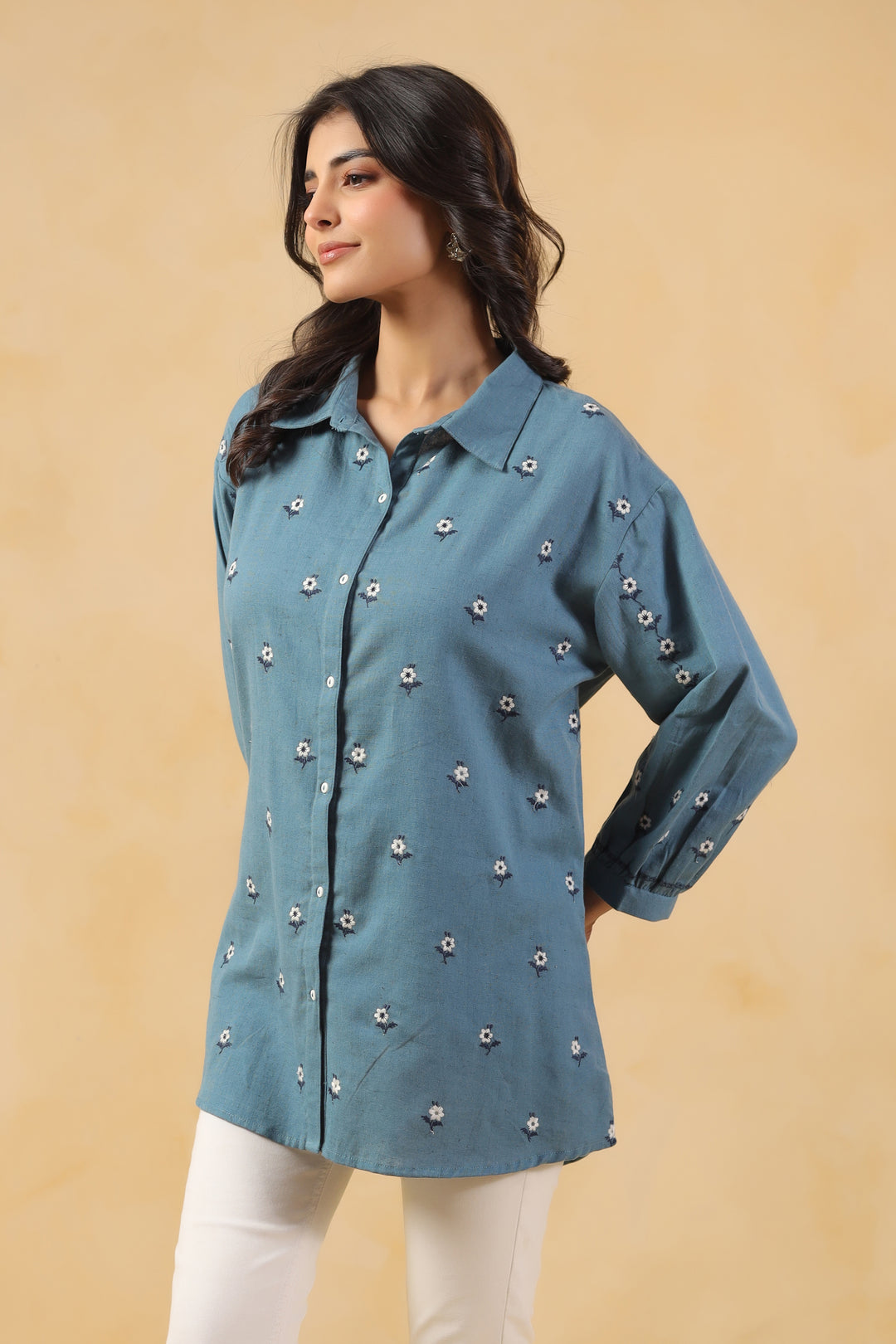 Blue Cotton Embroidered Designer Shirt Top