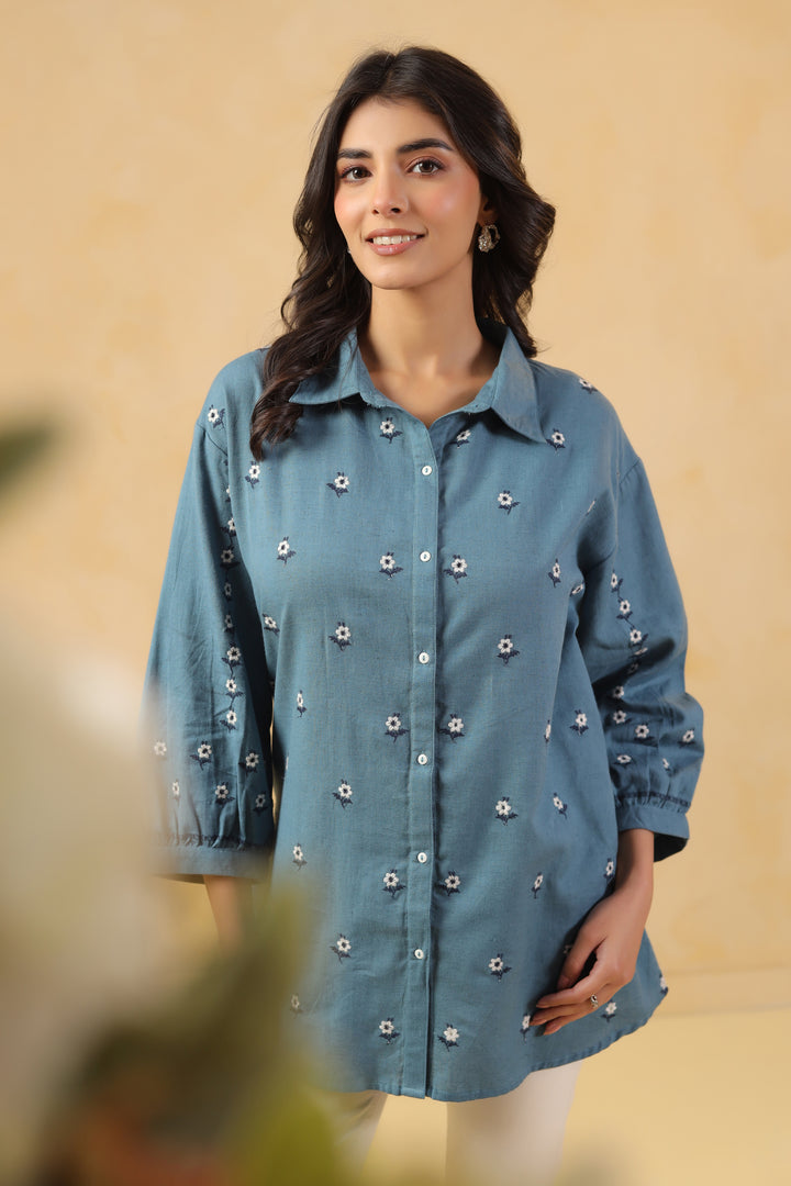 Blue Cotton Embroidered Designer Shirt Top