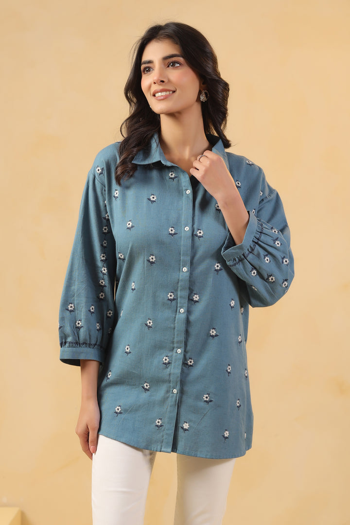 Blue Cotton Embroidered Designer Shirt Top