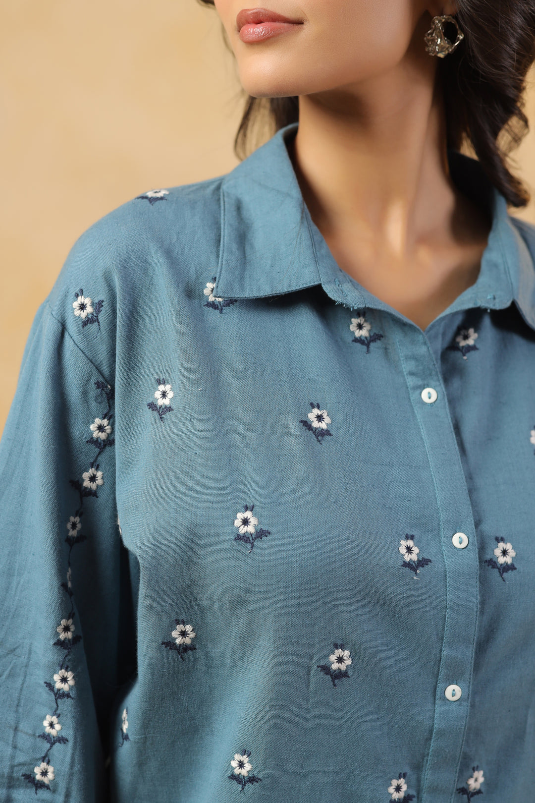 Blue Cotton Embroidered Designer Shirt Top